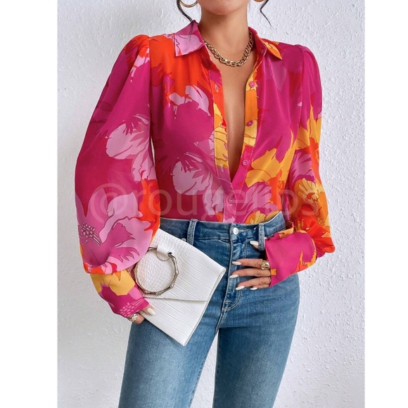 Floral Multicolor Button Down Puff Long Sleeve Sheer Shirt - Picture 5 of 7